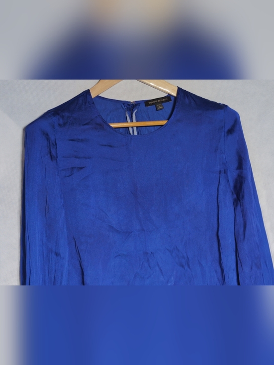 Banana Republic Sz L P Cobalt Blue Long-Sleeve Pleated-Sleeve Blouse - Picture 2 of 8